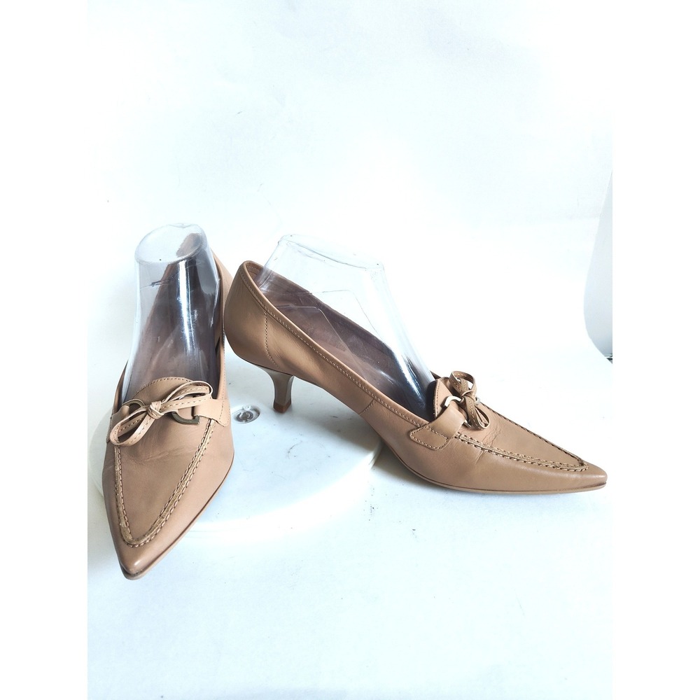 Vintage Franco Sarto Kitten Heel Pumps 9 Y2k 90s Tan Pointed Toe Bow Leather